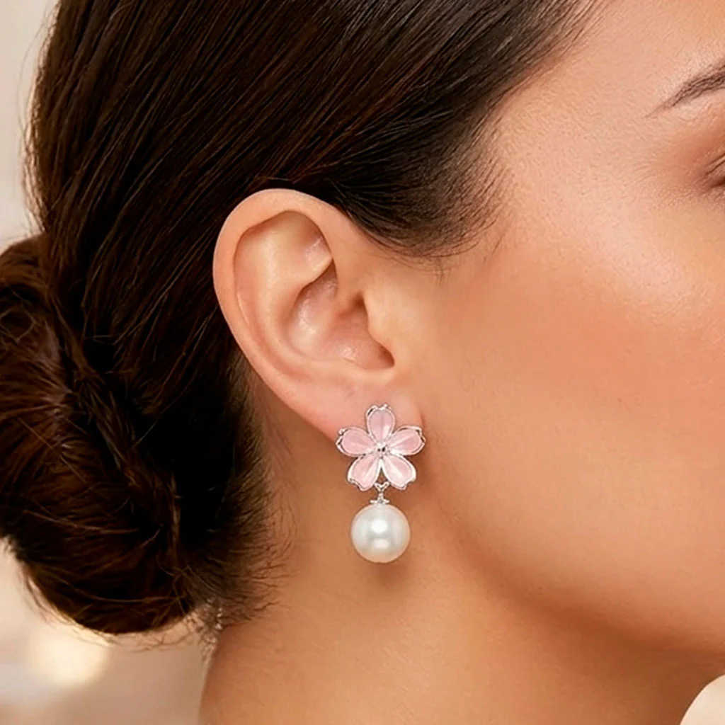Aretes Flower Pink con Perla - Image 2